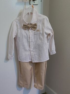Baby Boy Dress Suit 12-18 Months Tan White Bowtie Suspender Pants Shirt Toddler